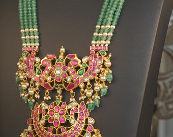 Jadau Kundan Long Necklace | Green Beaded Bridal Haram | Antique Gold Statement Jewelry