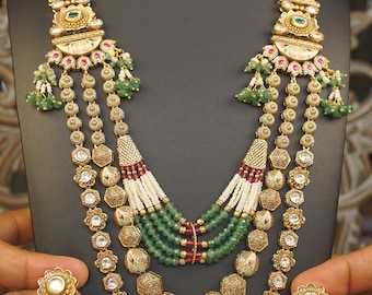 Kundan Multi-Layer Haram Set with Statement Earrings | Green Beads Bridal Jewelry