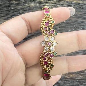 Kempu Kundan Bracelet, Antique Gold Floral Bangle, Ruby Emerald Stones, South Indian Bridal Kada