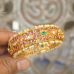 Openable Kundan Pearl Kada Bracelet | Ruby Emerald Polki Stones, Antique Gold Bangle
