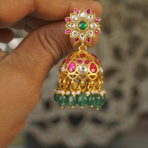Jadau Kundan Kempu Jhumka Earrings, Ruby Emerald Bridal Jewelry