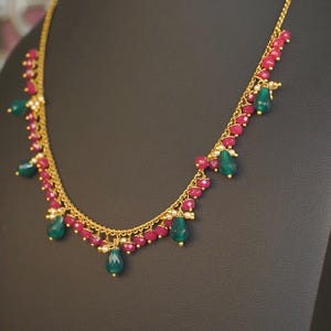 Handcrafted Ruby Emerald Beaded Necklace, Antique Gold Finish, Lightweight Ethnic Jewelry
