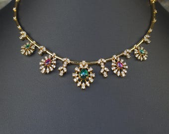 Gold Finish Ruby Emerald CZ Bridal Necklace Set, Indian Wedding Jewelry Earrings