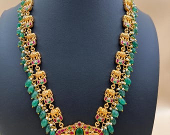 Elephant Temple Necklace Set: Pink, Green, & Gold Indian Bridal Jewelry
