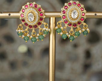 Moissanite Chandbali Earrings: Ruby, Emerald & Pearl Kundan Indian Jewelry