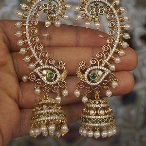 Designer Peacock Ear Cuff Jhumka Earrings | Antique Gold CZ Pearl Bridal Jewelry