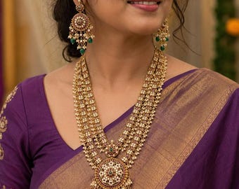 Kempu Bridal Long Haram Necklace Set | South Indian Temple Style Pearls, Green Beads