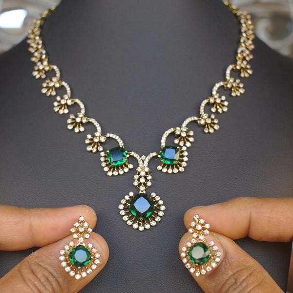 Emerald Green Doublet Necklace Set, CZ Bridal Jewelry, Indian Wedding Party Wear