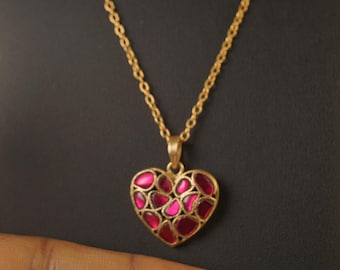 Jadau Heart Pendant Necklace Set | Antique Gold Indian Jewelry