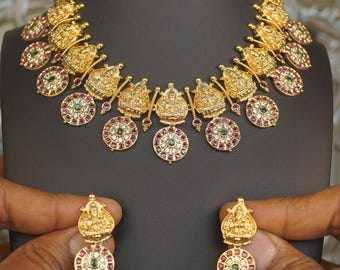 Kempu Bottu Mala Necklace Set | Traditional South Indian Temple Jewelry, Lakshmi Pendant Earrings