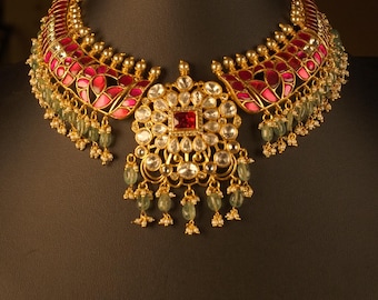 Jadau Kundan Statement Necklace Set, Ruby Pink Bridal Jewelry, Green Beads, Antique Gold Finish