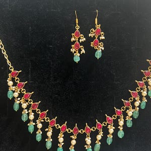 Handcrafted Jadau Necklace Set with Emerald Beads & Pearls | Ruby Kundan Choker