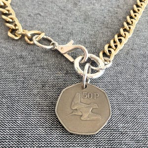 Vintage 1970 Ireland Irish 50 Pence Bird and Harp Coin on 22&quot; Chunky Link Gold Chain