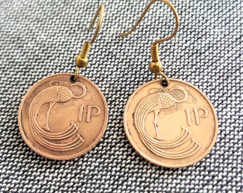 Ireland Irish 1 Pence Bird Coin Pierced Earrings with Gold Wires