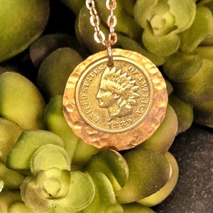 US 1889 Indian Head Penny and Hand Hammered Copper Disc Necklace