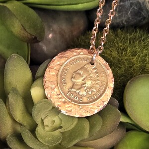 US 1902 Indian Head Penny Copper Disc and Rose Gold Chain Necklace