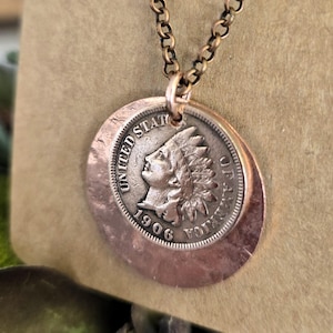 1906 Indian Head Penny Necklace: Hand Hammered Copper Coin Pendant