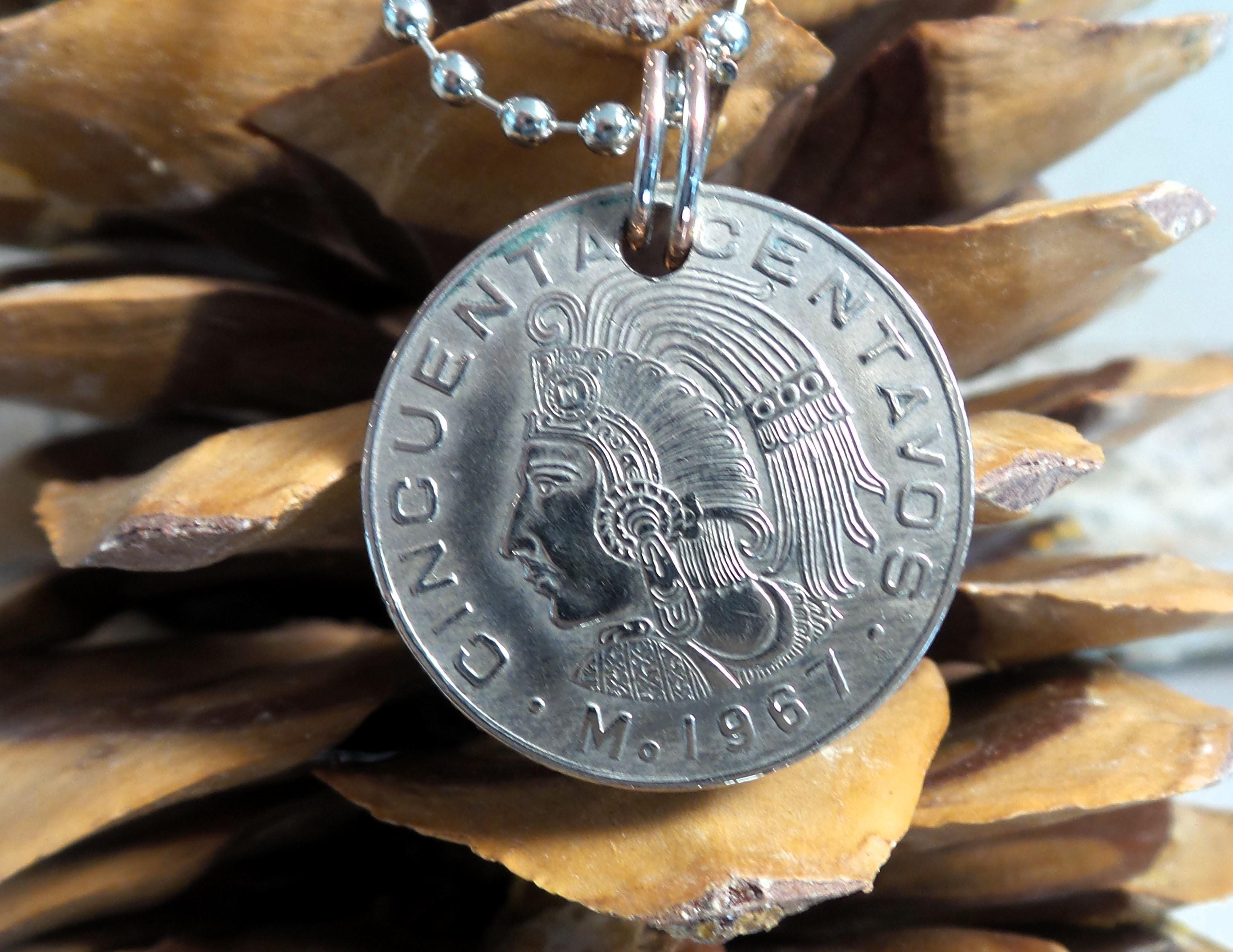 1967 Mexico Peso Coin Necklace: Aztec Emperor, 24