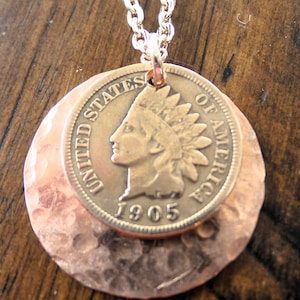 US 1905 Indian Head Penny Copper Disc and Rose Gold Chain Necklace