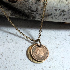 1956 Netherlands 1 Cent Coin and Brass Disk on 24&quot; Gold Tone Chain Necklace