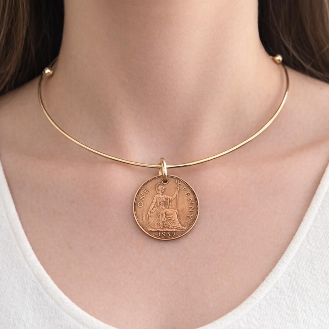 Jenuin Ones Antique England UK 1939 Genuine One Penny Coin on Gold Neck Collar - Etsy