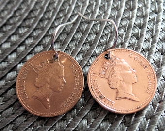 Great Britain/England Queen Elizabeth 11 Copper Penny Coin Earrings