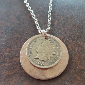 US 1903 Indian Head Penny Copper Disc and Rose Gold Chain Necklace