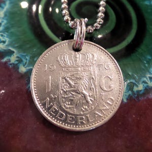 Vintage 1976 Netherlands 1 Gulden Coin on 24&quot; Steel Ball Chain Necklace