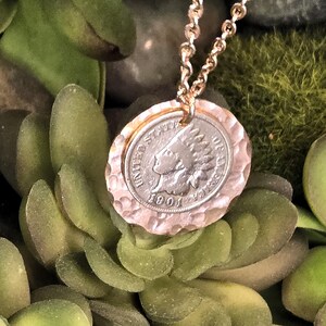 US 1901 Indian Head Penny on Hand Hammered Copper Disc Necklace
