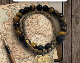 Pulsera vintage de monedas alemanas de 1950, ojo de tigre, lava, cuentas de bronce