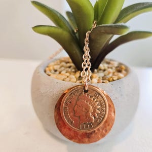 US 1894 Indian Head Penny on Hammered Copper Disc Necklace