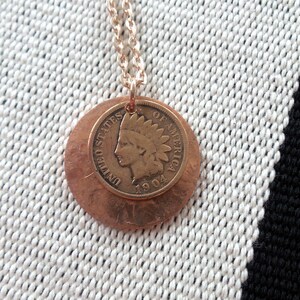 US 1904 Indian Head Penny Copper Disc and Rose Gold Chain Necklace