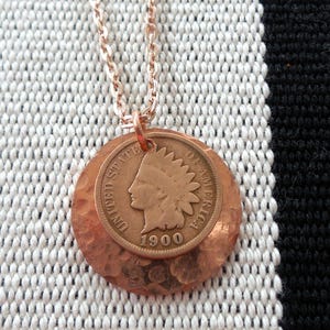 US 1900 Indian Head Penny:  Copper Disc Rose Gold Chain Necklace