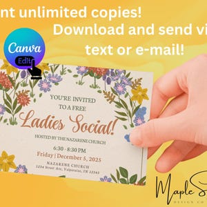 Uitnodiging sociaal evenement dames, bloemen, aanpasbaar in canvas, briefkaartformaat 5,5 x 4,25 inch, bewerkbaar formaat, digitaal, print, tekst of e-mail