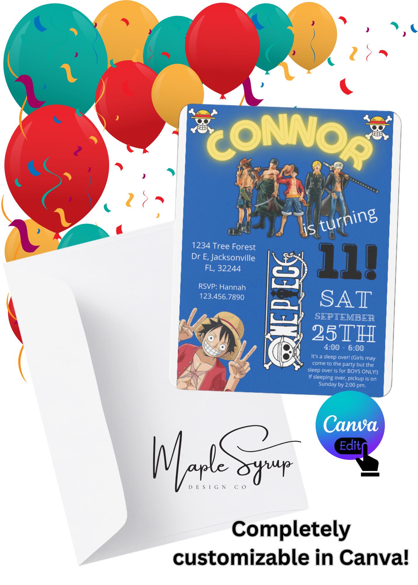 One Piece Birthday Party Invitation, Invite, 5'' x 7'', FULLY customizable in Canva, Kid B-Day, Digital, Printable