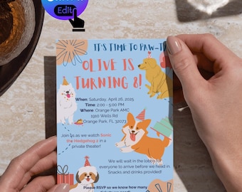 EDITABLE, DIGITAL, Fully Customizable Dog It&#39;s Time to Paw-Ty! Birthday Invitation, Kids Birthday Party Invitation