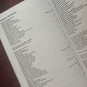 Puede incluir: Libro abierto que muestra una lista detallada de los "Poderes de los Salmos" y los vers&iacute;culos relacionados. Los n&uacute;meros de p&aacute;gina son visibles y el texto es negro sobre fondo blanco.