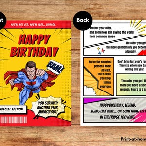 Biglietto di auguri di compleanno divertente in stile fumetto per lui - Supereroe vintage, stampabile, piegato 5x7, download immediato