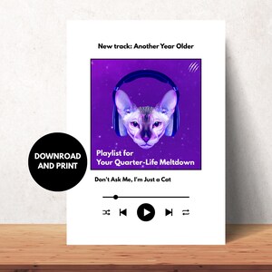 Paródia do Spotify com DJ Cat, cartão de aniversário engraçado e sarcástico, 5x7, arte para impressão, presente de aniversário sarcástico para amantes de gatos