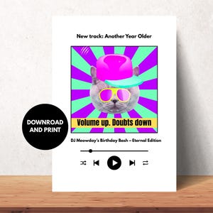 Funky Cat – „Another Year Older“ Spotify-Parodie – Lustige und sarkastische Geburtstagskarte mit alberner Katze, 5 x 7 Geburtstagskunst