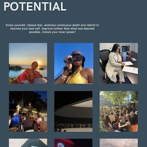 Puede incluir: Un collage de imágenes que muestran diferentes aspectos del crecimiento personal y el desarrollo. Las imágenes incluyen a una mujer sosteniendo una cámara de video, una mujer firmando un documento, un grupo de personas reunidas alrededor de una mesa, una mujer dando una presentación, una mujer de pie en un escenario y una mujer nadando en el océano. El texto "Unlock Your Highest Potential" se muestra en la parte superior del collage.
