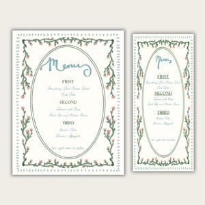 Edytowalny szablon menu weselnego • Ręcznie rysowany, zabytkowy projekt Canva • Wydrukowana karta menu weselnego 8x11 i 4x9 • Retro kwiatowe menu na przyjęcie