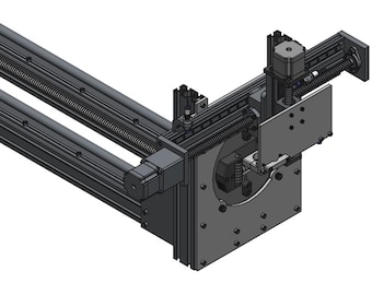 May include: A detailed, grayscale rendering of a mechanical assembly. The design features parallel rods with a threaded rod and various mechanical components, including plates, brackets, and what appears to be a motor. The overall structure is industrial.