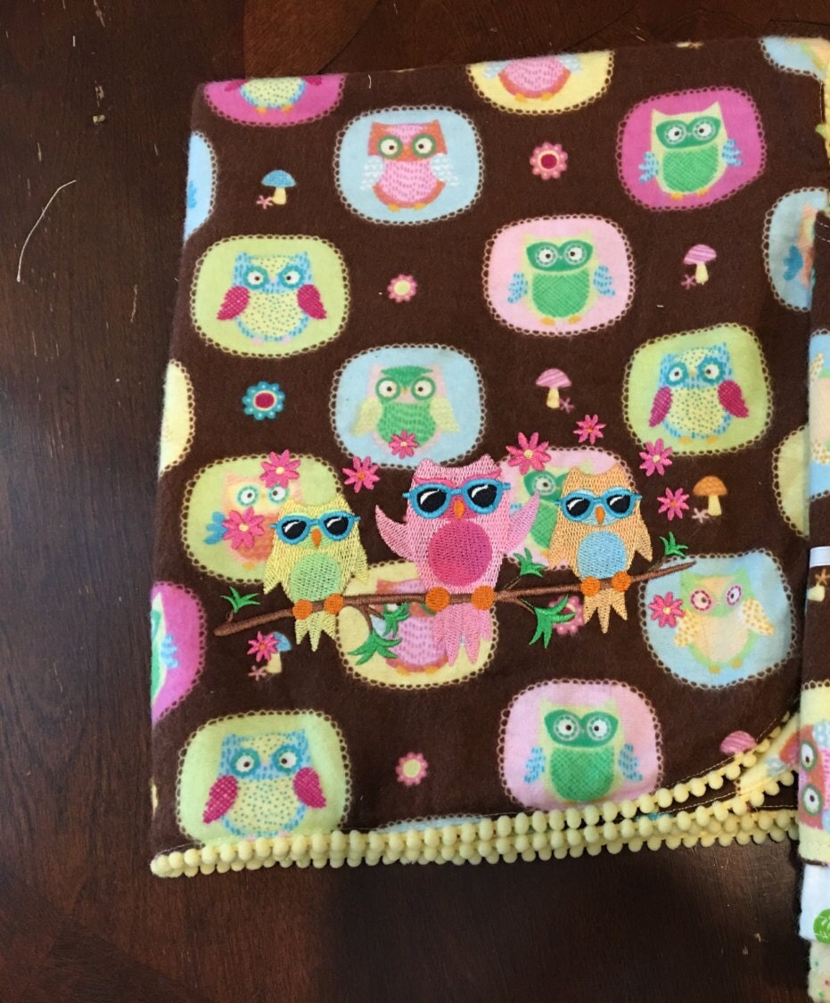 SALE - Embroidered Flannel receiving blanket, Styling Owls