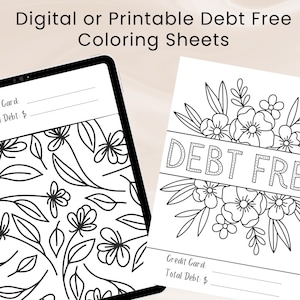 Puede incluir: Dos hojas de colorear imprimibles con un diseño floral y el texto "DEBT FREE". Cada hoja tiene un espacio para escribir "Tarjeta de crédito" y "Deuda total".