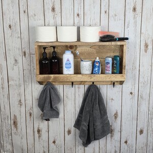 Wall mounted hand towel and bathroom extras shelf, Rustic wall mounted bathroom shelf, towel bar, hand towel hooks, shelf with hooks, rustic