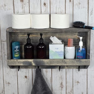 Wall mounted hand towel and bathroom extras shelf, Rustic wall mounted bathroom shelf, towel bar, hand towel hooks, shelf with hooks, rustic
