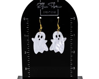 Ghost Acrylic Earrings – Holographic or White Pearl | Halloween Earrings | Spooky Cute Jewelry | Lightweight Statement Earrings