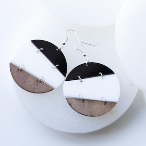 Modern Wood and Acrylic Earrings | Black, White & Wood Drop Earrings | Minimalist Statement Jewelry | Lightweight Handmade Gift