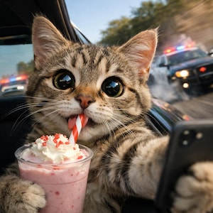 Puede incluir: Un gato atigrado en un coche, sosteniendo un batido rosa con crema batida y chispas, y haciéndose un selfie con un smartphone. Coches de policía con luces intermitentes son visibles en el fondo.